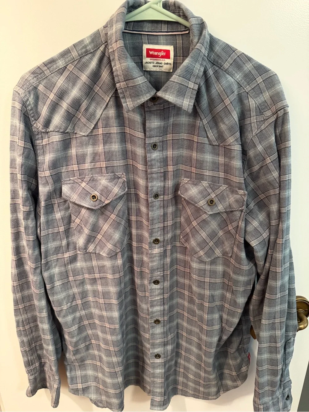 Wrangler Men’s L Plaid Flannel Shirt Western Snap Pockets Blue Gray